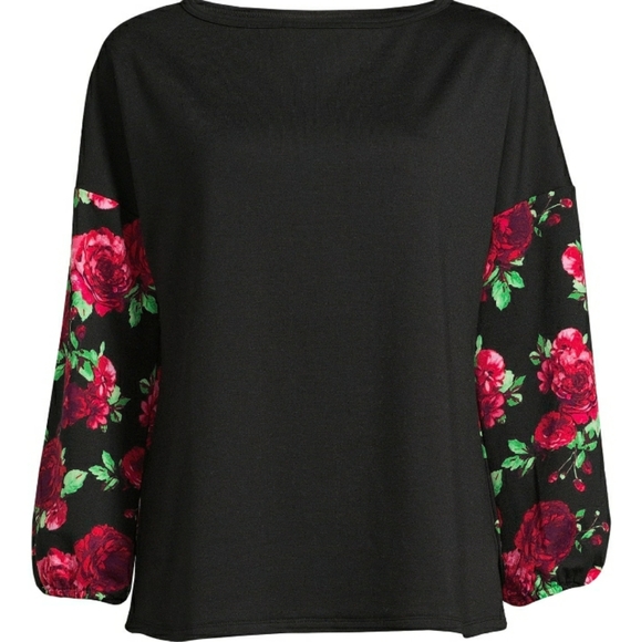 Pioneer Woman Black Pullover sweater with Red and Green floral balloon sleeves - Picture 2 of 5